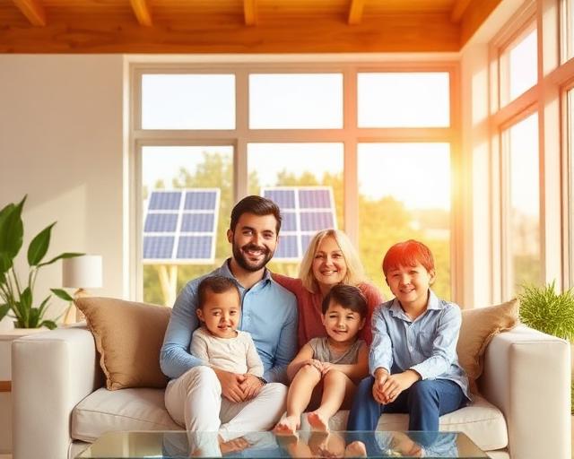 Happy family in a solar-powered home