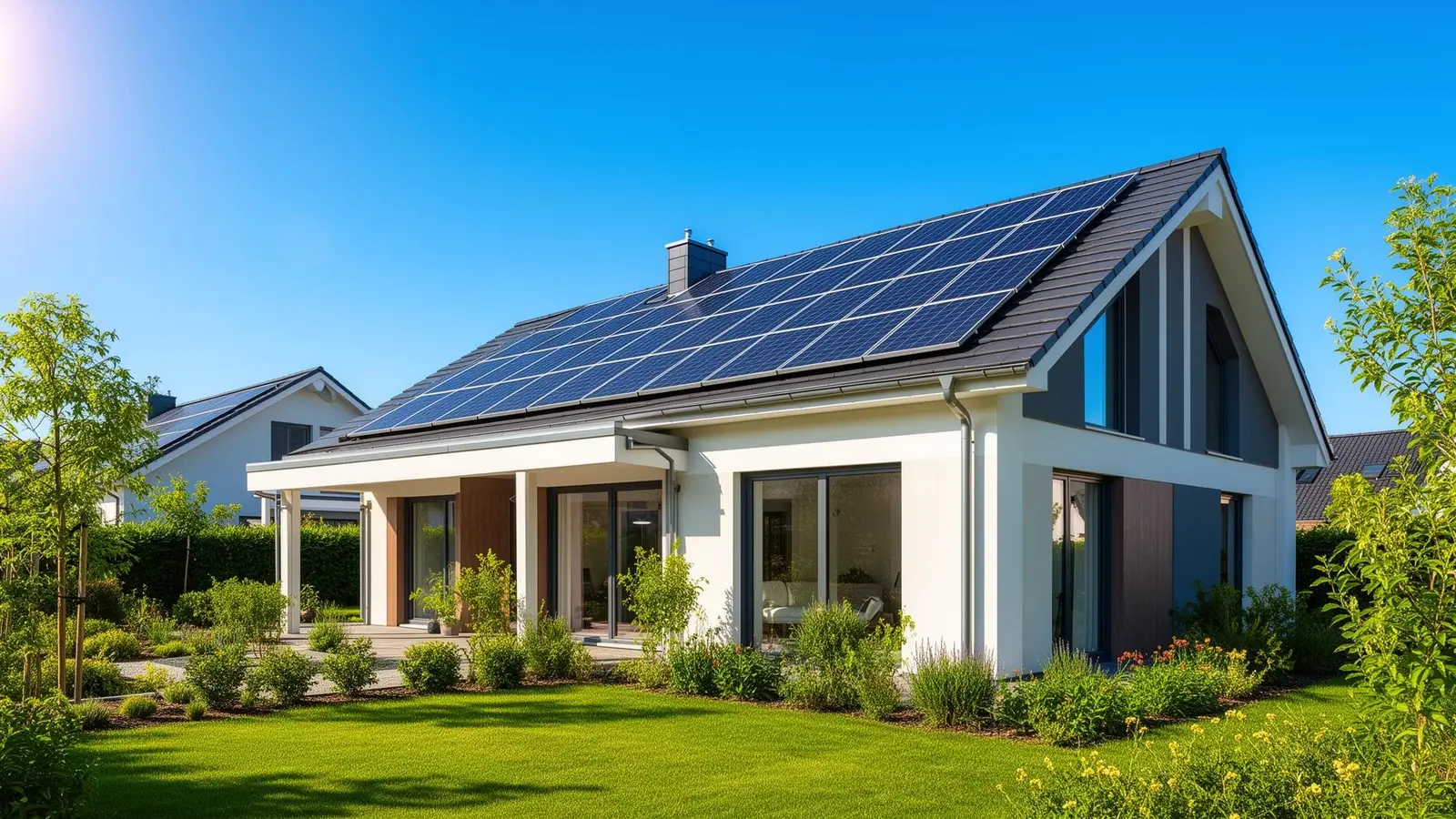 Modern home with solar panels on a sunny day